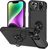 Hoesje met Camera Slider Geschikt voor de Apple iPhone 14 Plus - Back Cover met Standaard - Uitklapbare Kickstand Ring - Beschermhoes TPU - Magneet voor Auto Houder Zwart