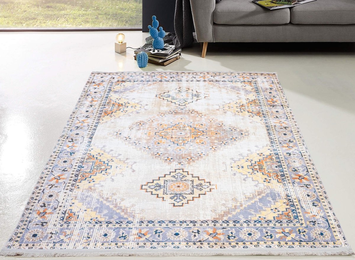 flycarpets Hana Wasbaar Vloerkleed Vintage Kleurrijk - Voor binnen en buiten - Laagpolig - Wasbaar op 30° - 160x230 cm Cream