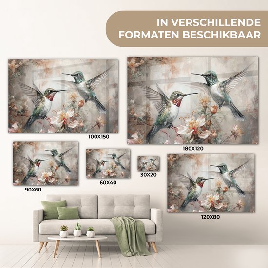 MuchoWow® Glasschilderij 120x80 cm - Schilderij acrylglas - Kolibrie - Vogels - Bloemen - Planten - Foto op glas - Muurdecoratie woonkamer - Wanddecoratie slaapkamer - Schilderijen
