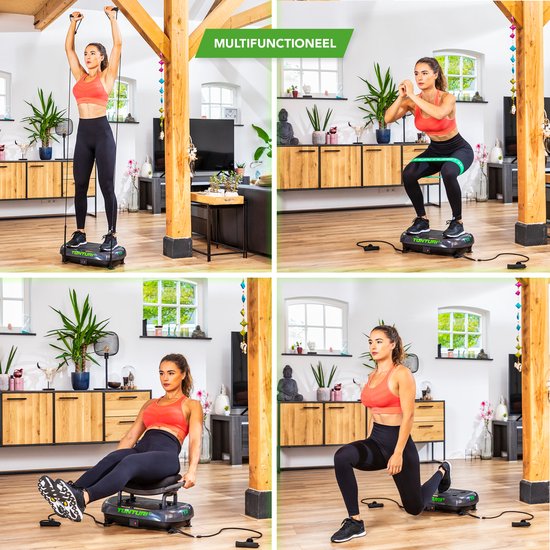 Vrouw traint op Tunturi trilplaat met weerstandsband: staand, zittend, hurkend, lunge.
