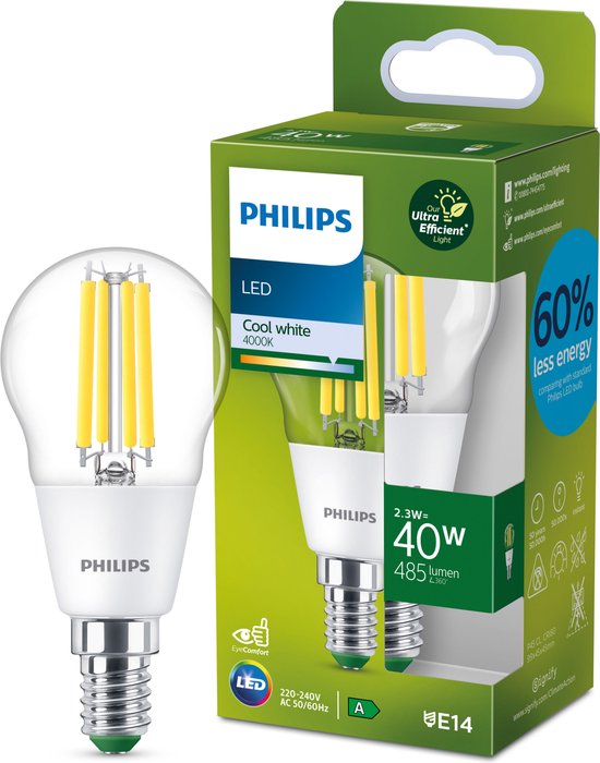 Lampe LED Philips Ultra Efficient Transparente - 40W - E14 - lumière blanc froid