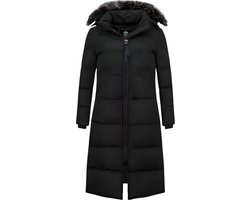 Extra Lange Winterjas Dames met Bontkraag - Puffer Jas Dames - Winterjas Dames Gewatteerd - Slim Fit ( Getailleerd ) - 8606 - Zwarte Jas