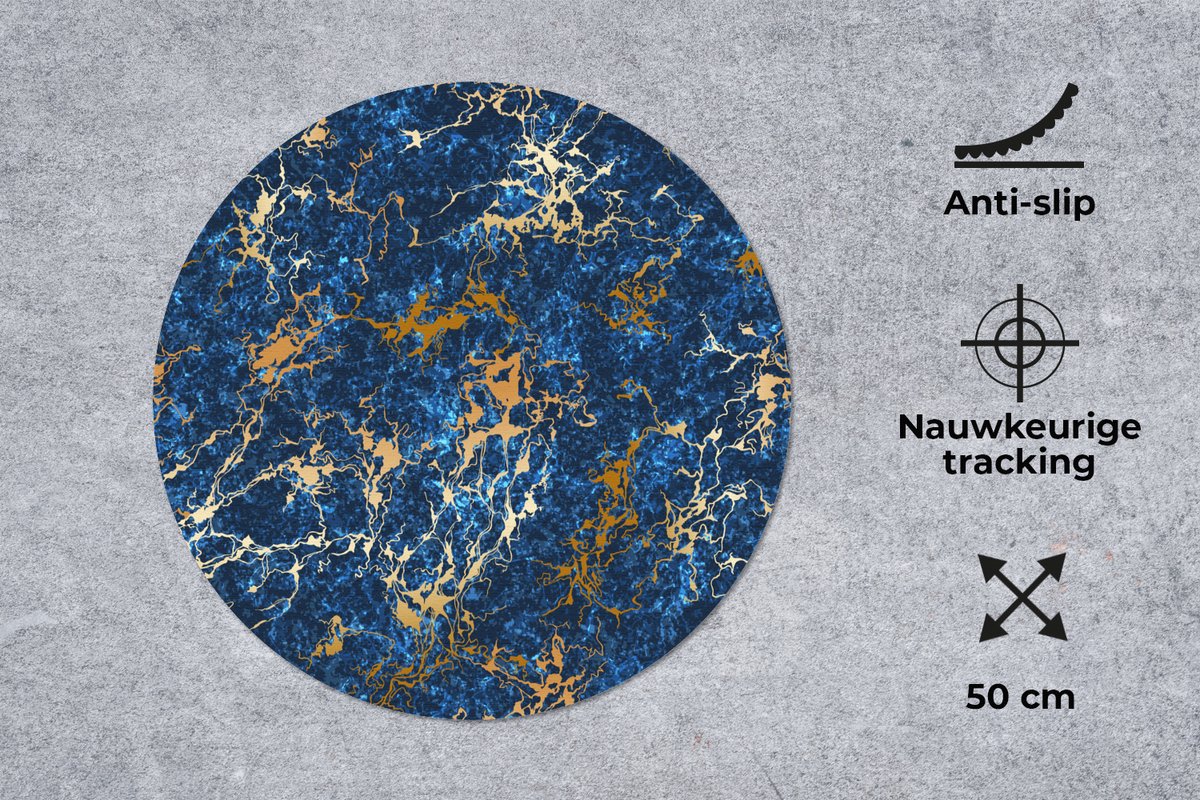 Muismat rond 50x50 cm - Mousepad Marmer - Textuur - Goud - Blauw - Ronde muismatten