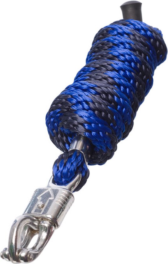 Blauw en zwart gevlochten halstertouw met zilveren karabijnhaak.