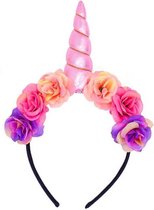 Bloemen eenhoorn haarband lichtroze unicorn diadeem - roze hoorn glitter - bloemetjes paars roze festival
