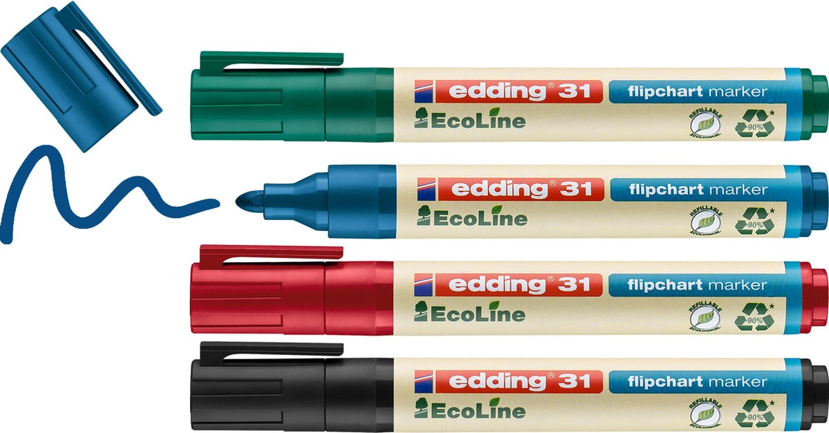 edding 31/4S Ecoline flipchartmarker set - assorti 4 stuks: zwart, rood, blauw, groen - 1,5-3mm