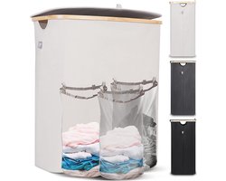 Hennez Wasmand Opbergmand 150L 3 compartimenten met deksel - Waszak Wasbaar - Rechthoekige Bamboe Wasmand met Frame