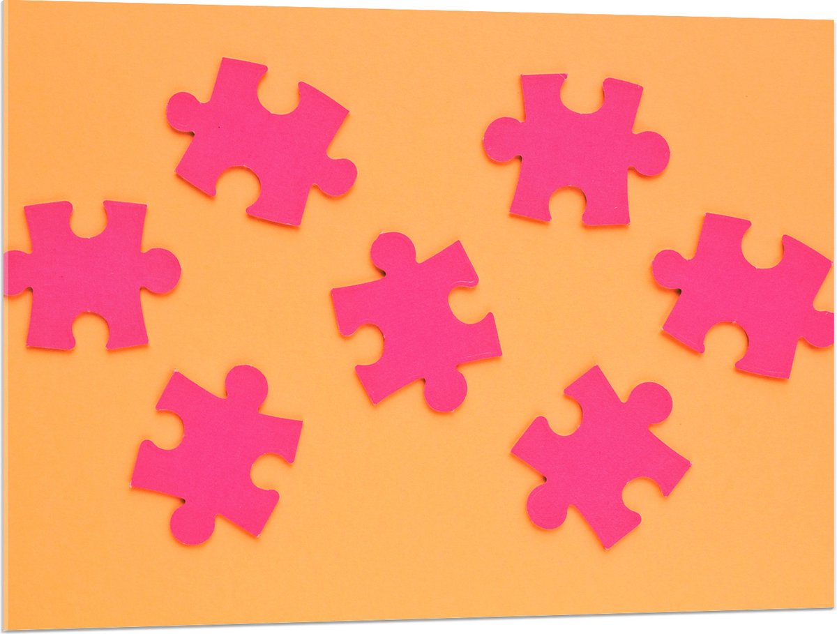 Acrylglas - Roze Puzzelstukjes op Oranje Achtergrond - 100x75 cm Foto op Acrylglas (Wanddecoratie op Acrylaat)
