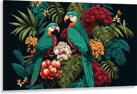 Canvas - Schilderij van Twee Papegaaien tussen de Kleurrijke Bloemen en Planten - 150x100 cm Foto op Canvas Schilderij (Wanddecoratie op Canvas)