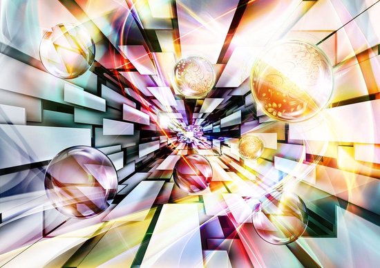 Papier peint photo - Papier peint intissé - Tunnel spatial 3D - Tunnel 3D coloré avec Balles - 254 x 184 cm