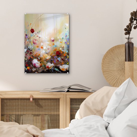 Peinture sur verre fleurs - Art - Nature - Peinture à l'huile - Photo sur verre - Décoration de chambre - Peintures sur verre - Tableaux de salon - 30x40 cm - Plaque de verre - Décoration murale - Décoration murale - Chambre