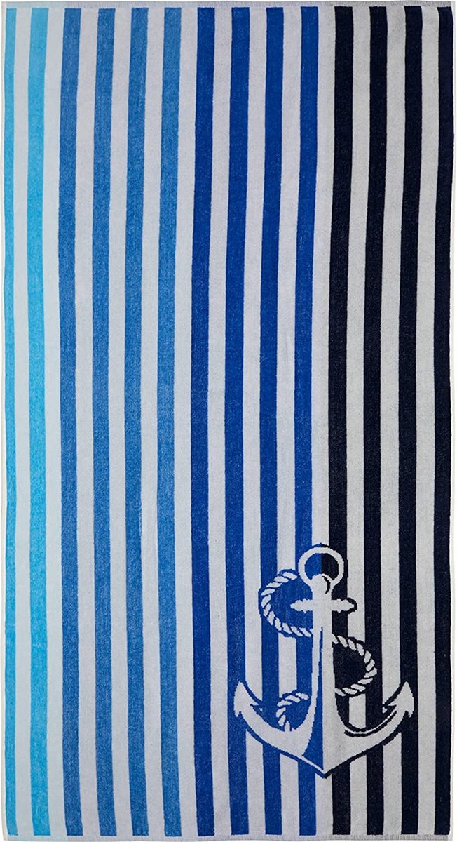 Decoratieve strandhanddoek, hoogwaardige strandhanddoek, zacht en absorberend, sneldrogende grote badhanddoek, Oeko-Tex 100, gemaakt in groen gecertificeerd (75 x 150 cm, gestreept anker)