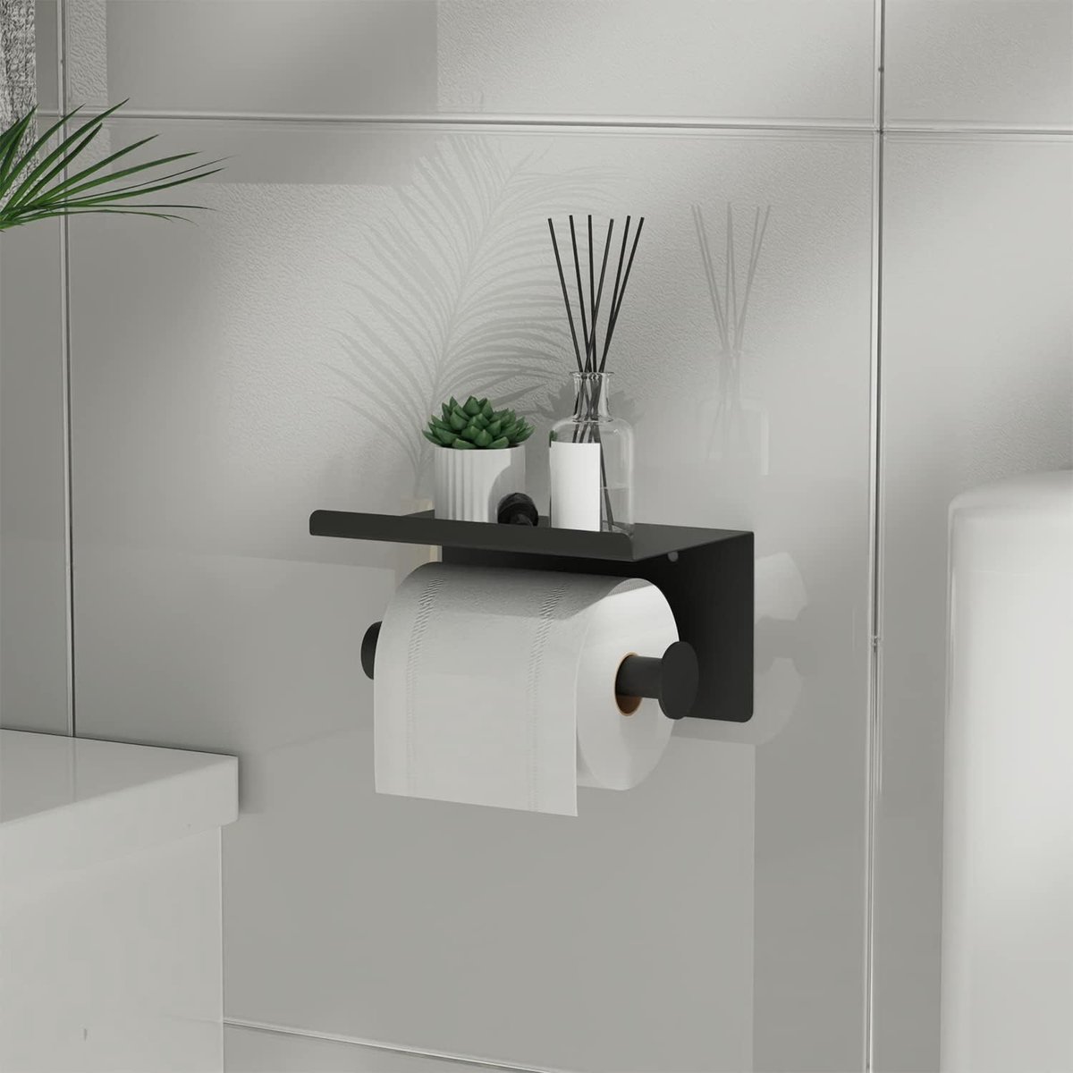WC Rolhouder Zwart – Toiletrolhouder zonder Boren – Met Plankje - Zelfklevend - RVS