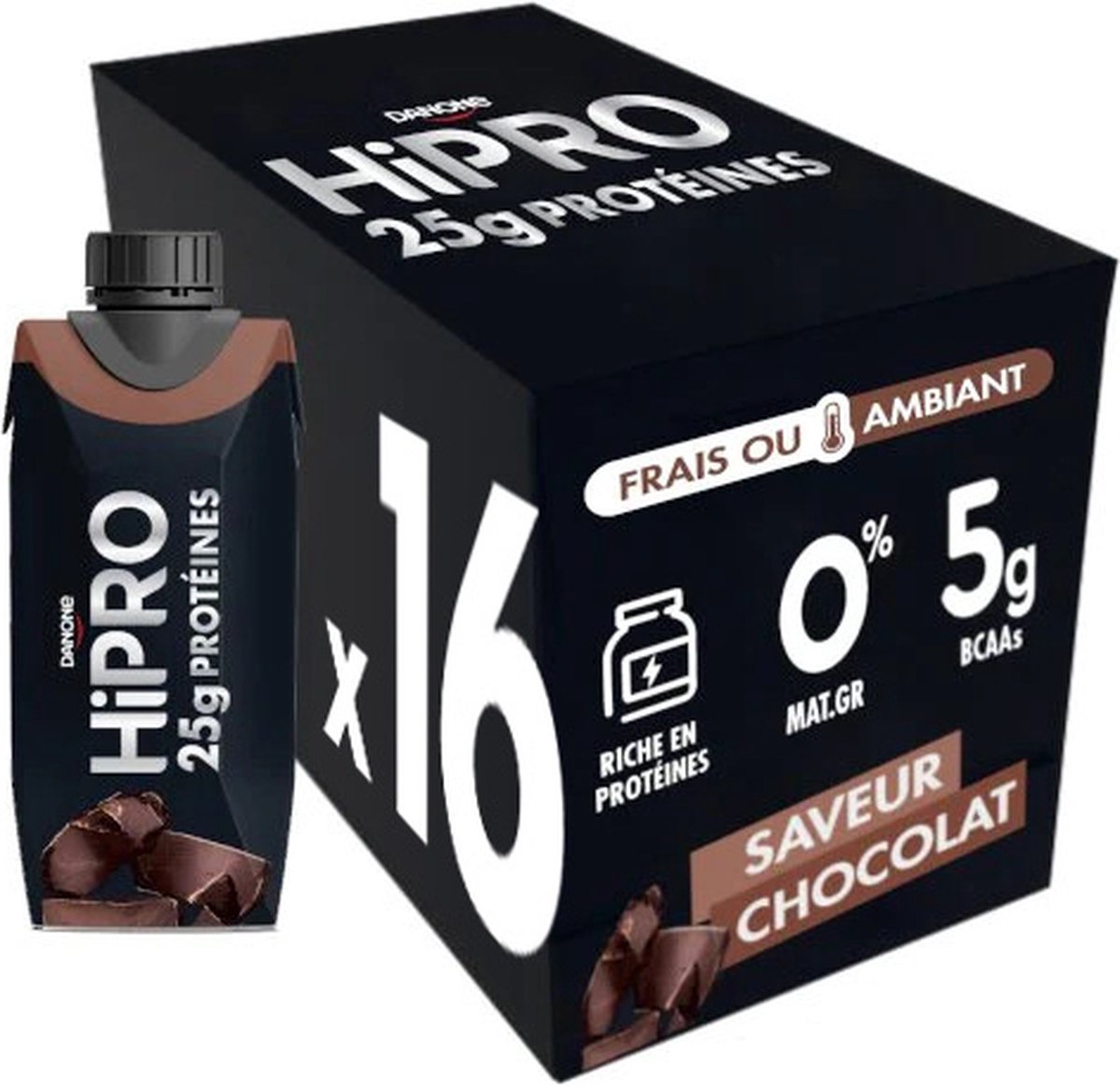 Danone HiPro - Chocolade Proteïne Shake - Eiwitshakes - Sportvoeding - Niet Gekoeld - Pre-Workout - 25g Eiwit - Voordeelverpakking 16 x 330ml