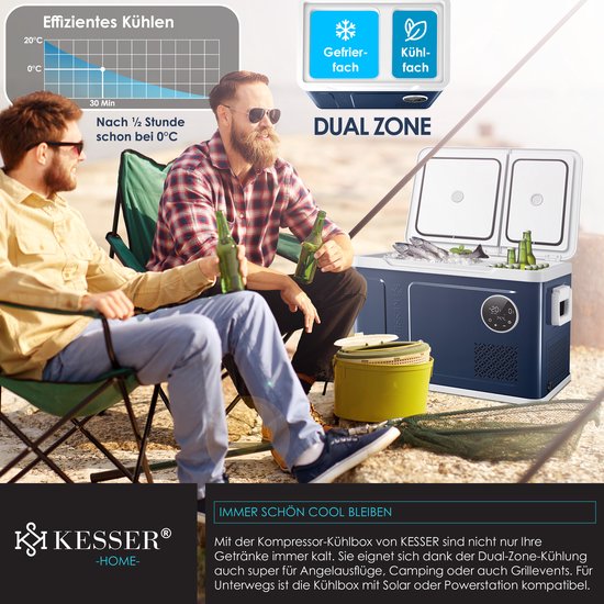 KESSER® Compressor Koelbox 2in1 Dubbele Zone Koeler & Vriezer, Elektrische Vriesbox LED Touch Control 12/24 V 230V, Frigobox Koelen tot -20 °C voor Auto, Vrachtwagen, Kamperen - 31 Liter, Marineblauw / Lichtgrijs van KESSER — afbeelding 4