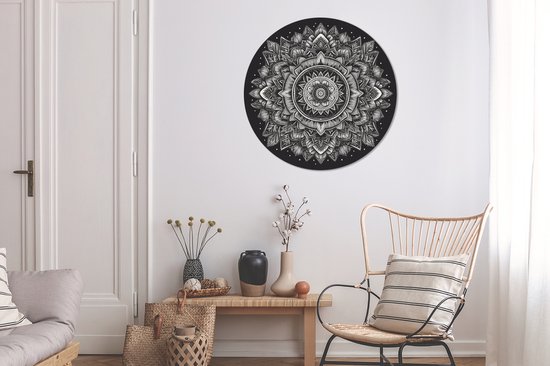 WallCircle - Wall Circle - Wall Circle Indoor - Mandala - Zwart et Blanc - Fleurs - Bohème - Nature - 90x90 cm - Décoration murale - Peintures Ronds