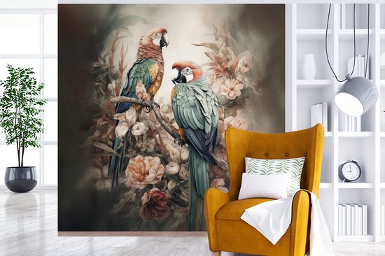 Behang - Fotobehang Papegaaien - Vogels - Natuur - Bloemen - Breedte 350 cm x hoogte 350 cm