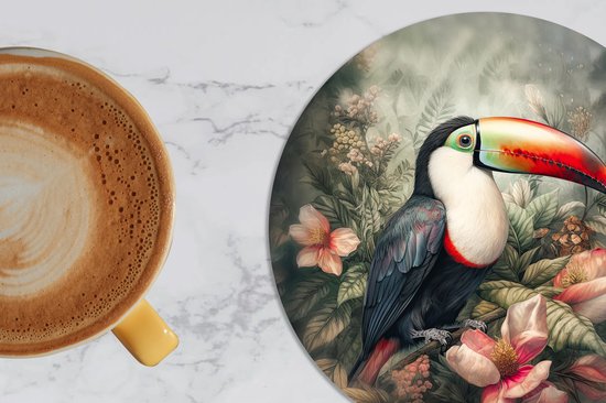 Sous-verres pour verres - Rond - Toucan - Vogels - Fleurs - Plantes - Tropical - 10x10 cm - Sous-verres en verre - 6 pièces