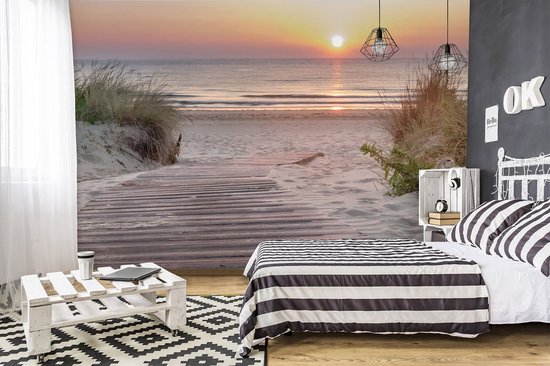Fotobehang - Vlies Behang - Zonsondergang boven Zee aan de Duinen en het Strand - 368 x 280 cm