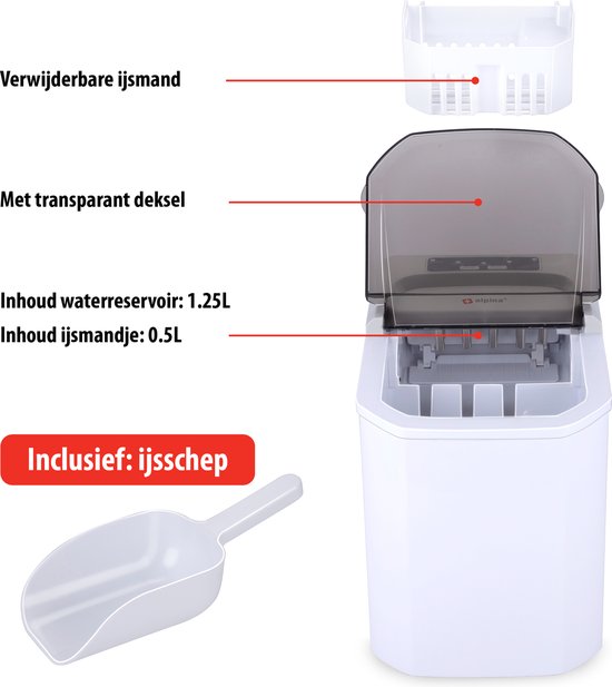 alpina Ijsblokjesmachine - Ijsblokmaker - 2 Formaten Ijsblokken - Productie in 10-12 Minuten - Transparante Deksel - Wit — afbeelding 3