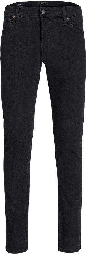 Een effen donkergrijze skinny jeans, recht van voren gefotografeerd.