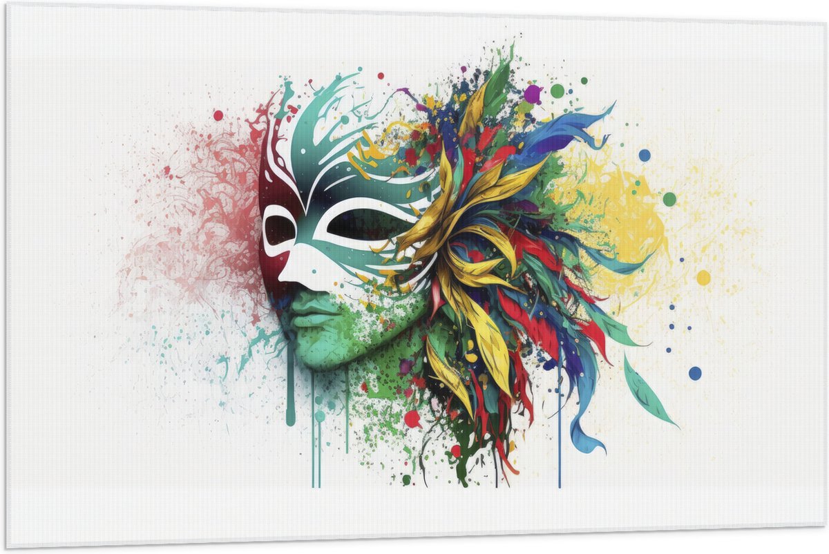 Vlag - Waterverf Tekening van Kleurrijke Carnavals Masker tegen Witte Achtergrond - 105x70 cm Foto op Polyester Vlag