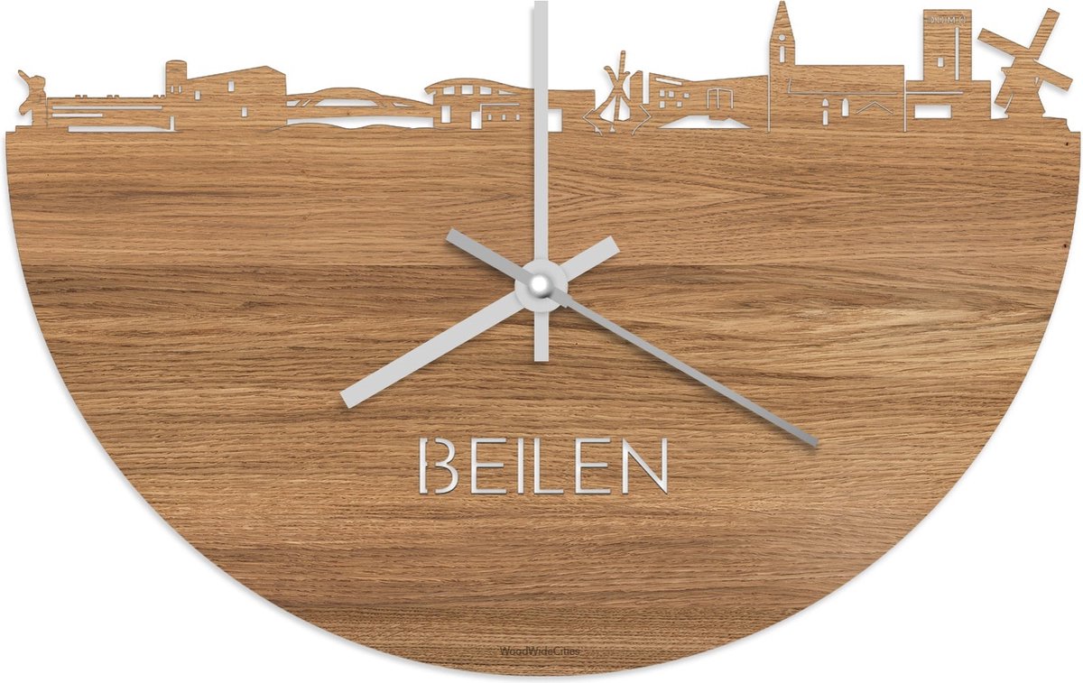 Skyline Klok Beilen Eikenhout - Ø 40 cm - Stil uurwerk - Wanddecoratie - Meer steden beschikbaar - Woonkamer idee - Woondecoratie - City Art - Steden kunst - Cadeau voor hem - Cadeau voor haar - Jubileum - Trouwerij - Housewarming - WoodWideCities