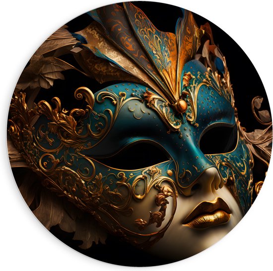 PVC Schuimplaat Muurcirkel - Venetiaanse carnavals Masker met Blauwe en Gouden Details tegen Zwarte Achtergrond - 90x90 cm Foto op Muurcirkel (met ophangsysteem)