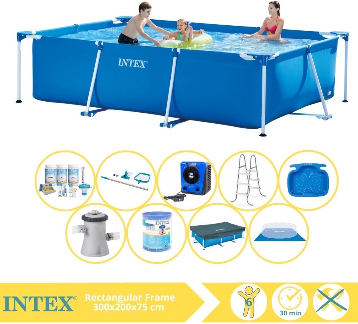 Intex Rectangular Frame Zwembad – Opzetzwembad – 300x200x75 cm – Inclusief Afdekzeil, Onderhoudspakket, Zwembadpomp, Filter, Grondzeil, Onderhoudsset, Trap, Voetenbad en Warmtepomp HS