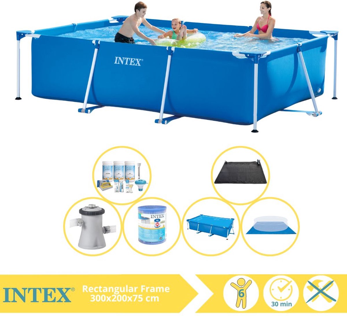 Intex Rectangular Frame Zwembad – Opzetzwembad – 300x200x75 cm – Inclusief Solarzeil, Onderhoudspakket, Zwembadpomp, Filter, Grondzeil en Solar Mat