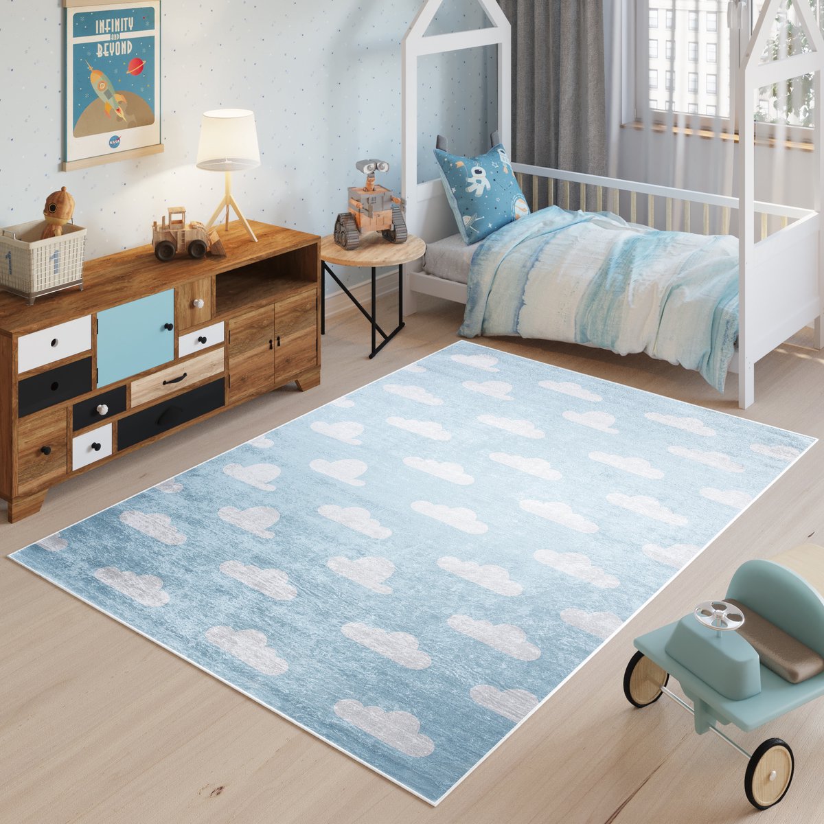 Tapiso Emma Vloerkleed Kinderkamer Kindertapijt Wolken Blauw Tapijt Maat- 140x200