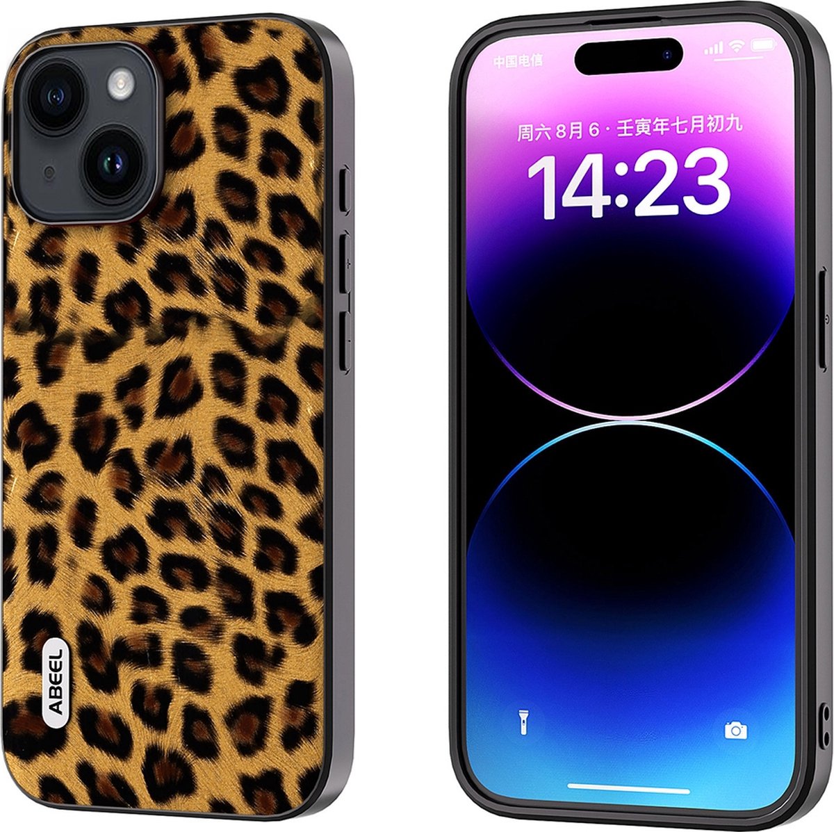 ABEEL TPU hoesje voor de iPhone 14 met een Gouden Luipaard print op achterzijde met zwarte randen