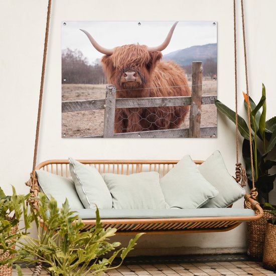 Affiche de jardin - Toile de jardin - Posters de jardin extérieur - Highlander écossais - Herbe - Clôture - 120x90 cm - Jardin