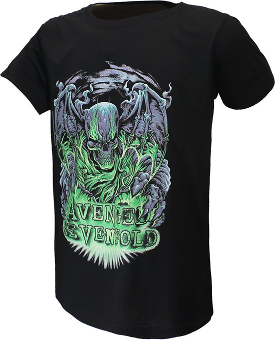Zwart T-shirt met groen-paars demonen-schedelprint en 'Avenged Sevenfold' tekst.