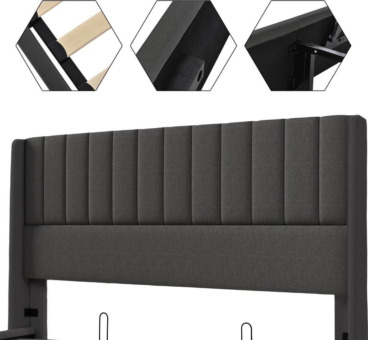 Merax Queensize Tweepersoonsbed 160x200 cm met Hydraulische Lattenbodem voor Opbergruimte - Linnen Gestoffeerd Metalen Bedframe - Grijs