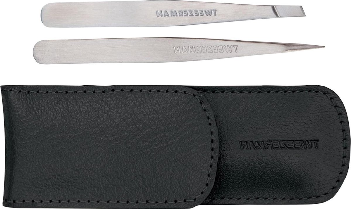 Pincettenset met lederen etui - roestvrij staal - schuine en kanten afwerking - zwart