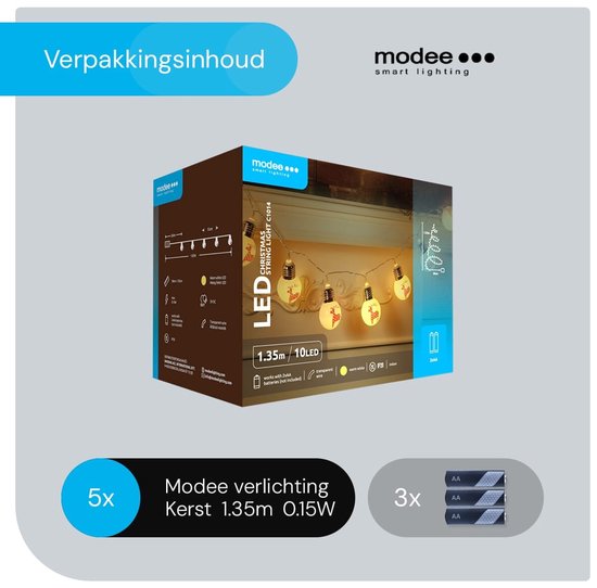 Modee Guirlande Lumineuse Boules de Noël avec Rennes 1,35 Mètre - Éclairage de Noël pour l'Intérieur - Comprenant 3 Piles AA - 10 Lumières LED IP20 - 2700K - Lumière Wit Chaud - 5 pièces
