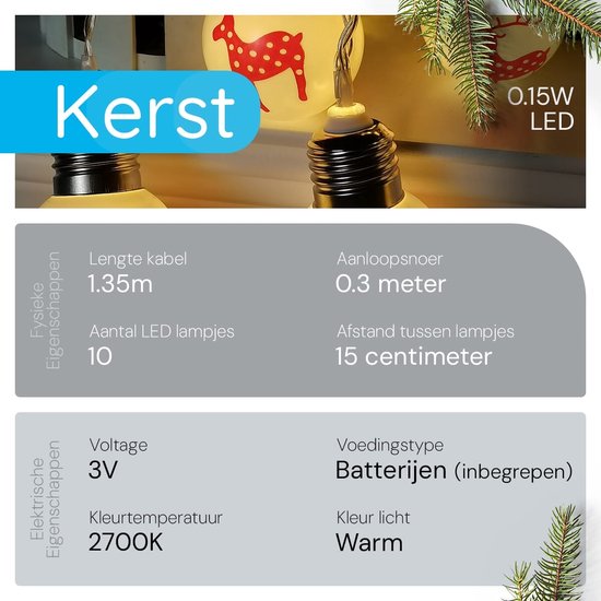 Modee Guirlande Lumineuse Boules de Noël avec Rennes 1,35 Mètre - Éclairage de Noël pour l'Intérieur - Comprenant 3 Piles AA - 10 Lumières LED IP20 - 2700K - Lumière Wit Chaud - 5 pièces