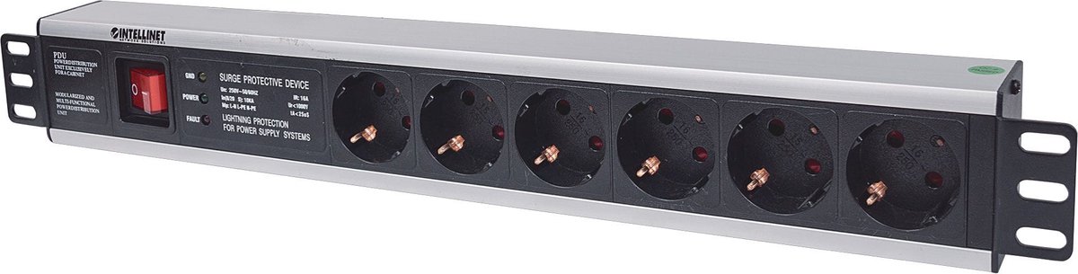 Intellinet 713962 19 inch Stekkerdoos voor patchkast 1.5 HE Geaarde contactdoos Overspanningsbescherming Zwart