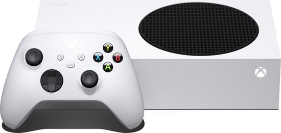 Witte Xbox Series S console met een witte controller ernaast.