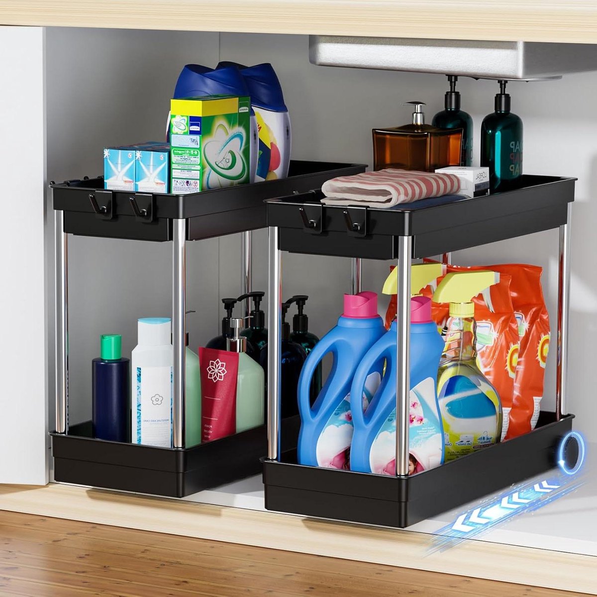 Keukenkast organizer van roestvrij staal 2 stuks wastafel onderkast organizer met 4 haken etagerek voor keuken badkamer zilver Keukenkast organizer