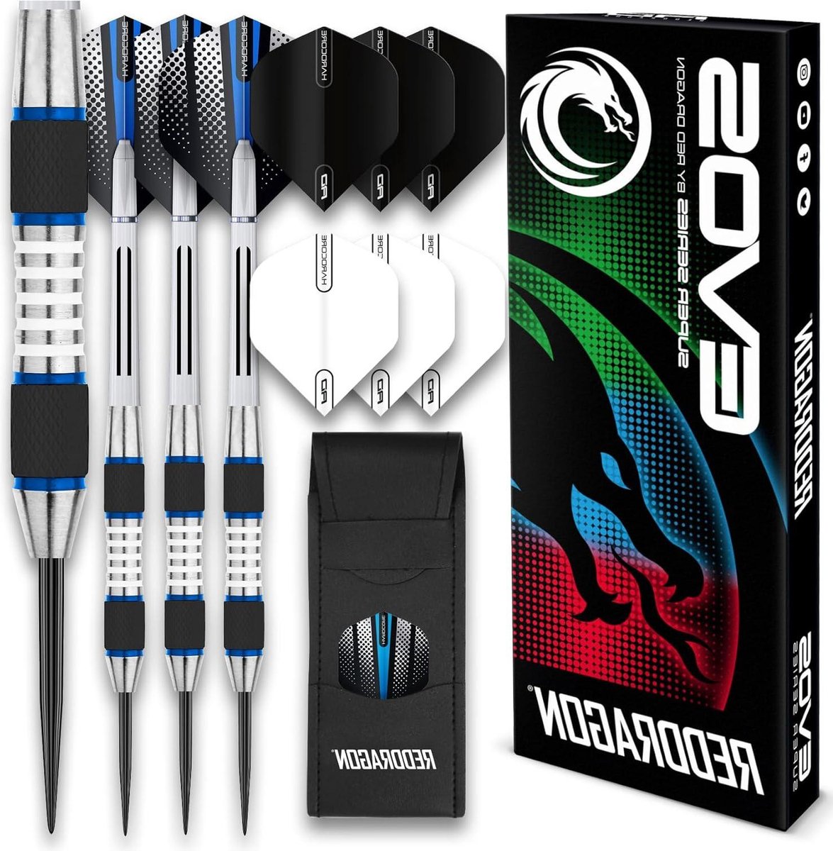 Evo Serie Tungsten Dartset met flights-schachten en portemonnee - RED DRAGON