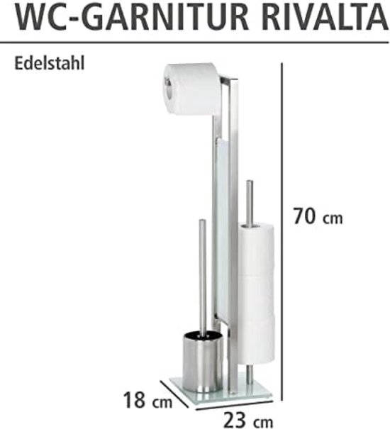 WC-garnituur Rivalta in RVS, 70 cm hoog, 18 cm breed, 23 cm diep, met toiletborstel, toiletrolhouder en reserve rolhouder.