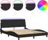 Cadre de lit noir avec tête de lit rembourrée et éclairage LED multicolore.