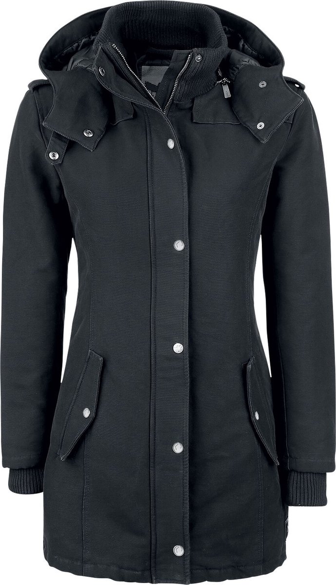 Black Premium by EMP gevoerde zwarte winterjas met afneembare capuchon en modieuze epauletten - Dames - 4XL