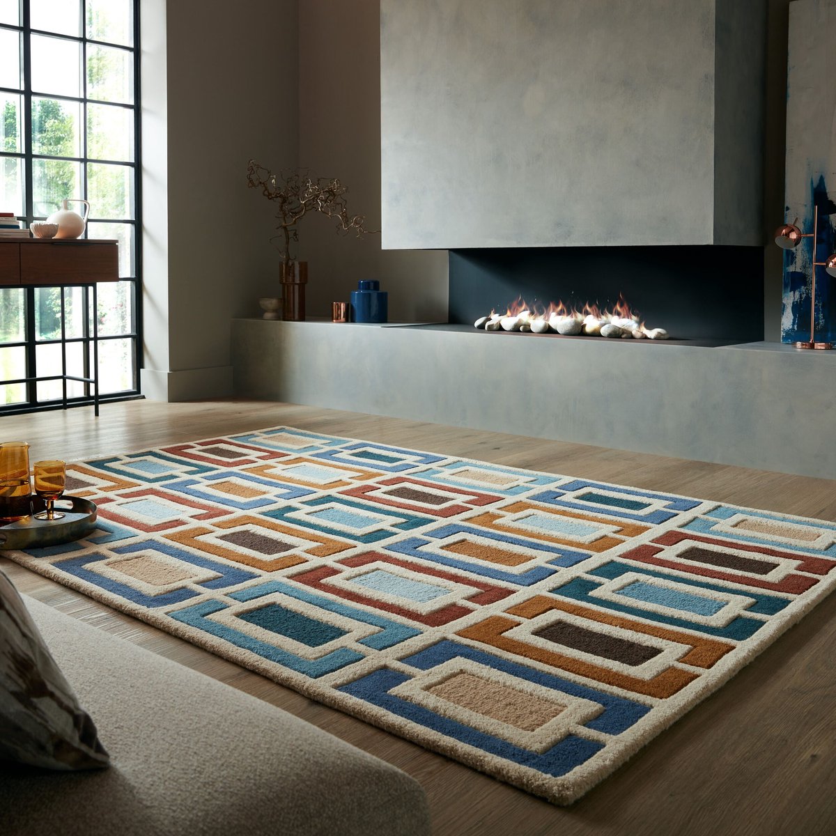 flycarpets Retro Vloerkleed Geblokt - Handgetuft Gekleurd - Blauw / Multi