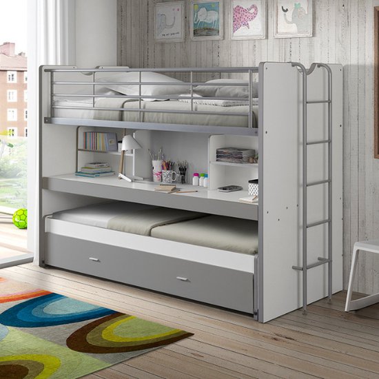 Lit mezzanine Bonny 80 avec bureau et tiroir de lit - gris - Vipack - Lits mezzanines avec bureau - Gris - Métal|Panneaux de particules - Lits mezzanines avec bureau