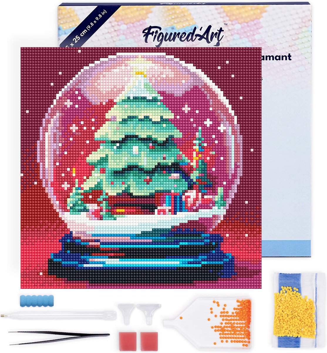 Figured'Art Mini Diamond Painting set Volwassenen 25x25 cm met lijst Kerstboom in Sneeuwbol - 5D DIY Art full drill ronde diamant - Canvas al ingelijst