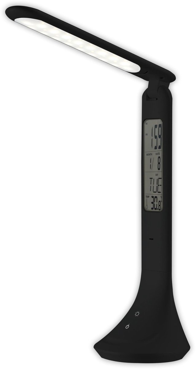 Avide LED Bureaulamp Dimbaar 5W - Met Kalender + Alarm + Klok + Thermometer Functie - Oplaadbaar - 280 lumen - Zwart