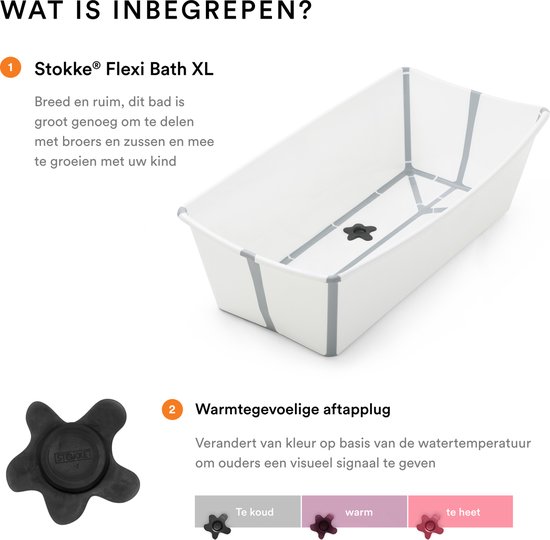 Grote witte Stokke Flexi Bath XL opvouwbare badkuip met grijze accenten en een ster-vormige aftapplug.